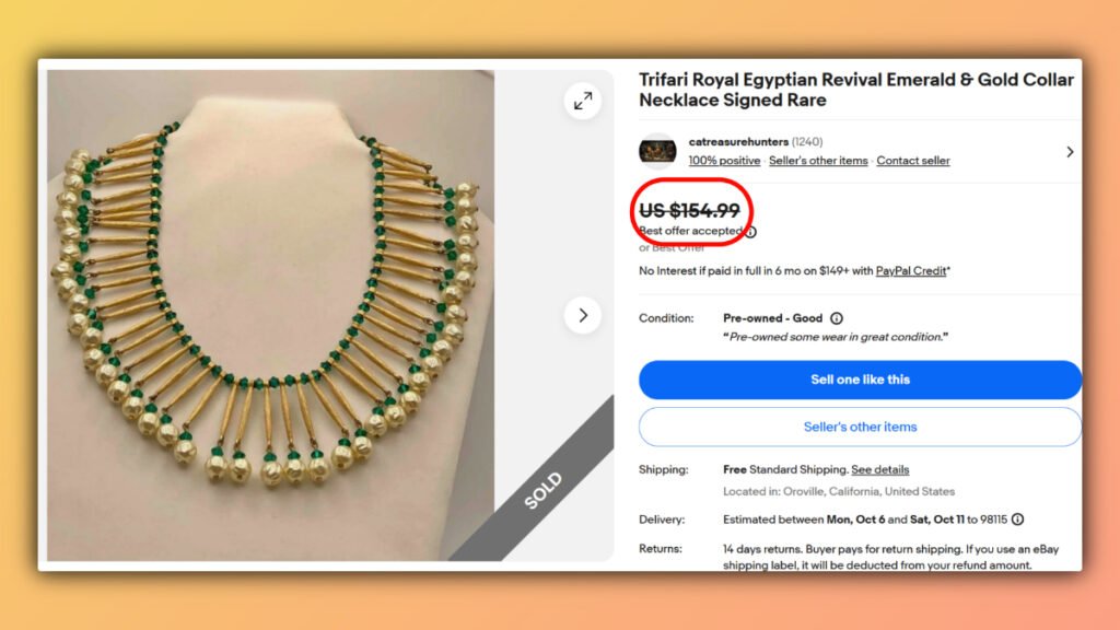 Trifari Egyptian Revival Emerald & Gold Necklace